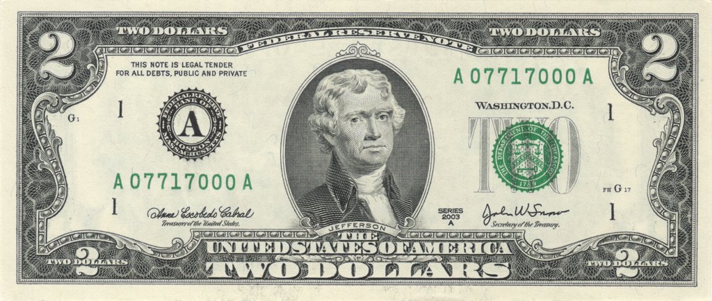 Лицевая сторона банкноты 2 доллара США. Томас Джефферсон, третий президент и один из «отцов-основателей» США