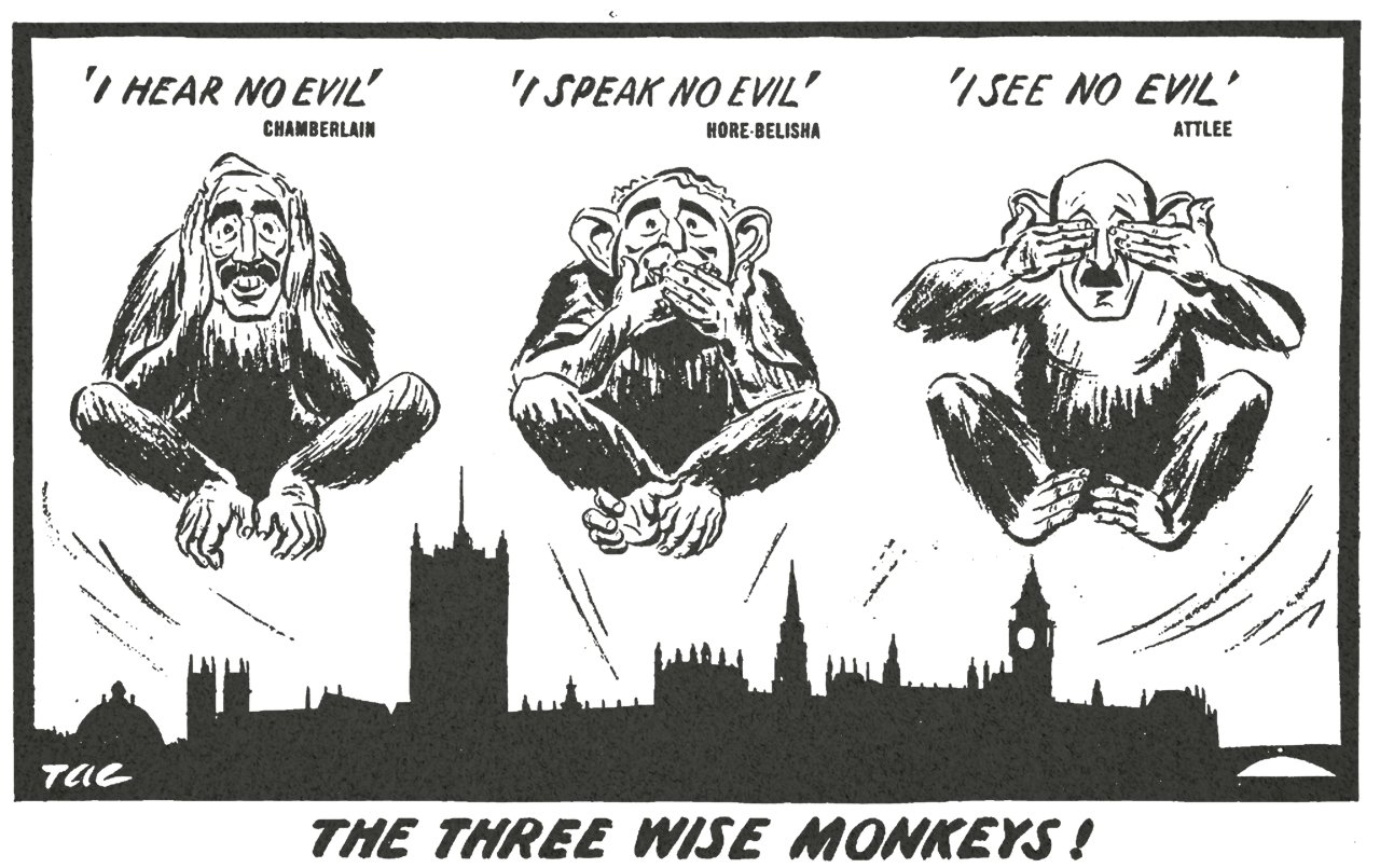 «Три мудрые обезьяны!» Карикатура из «Sunday Pictorial», Томас Артур Чаллен, 21 января 1940 г.