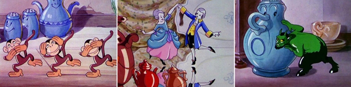 Кадры из мультфильма «The China Shop». Танец трех обезьян, главные герои — Барышня и Кавалер и антагонист — зеленый чертик