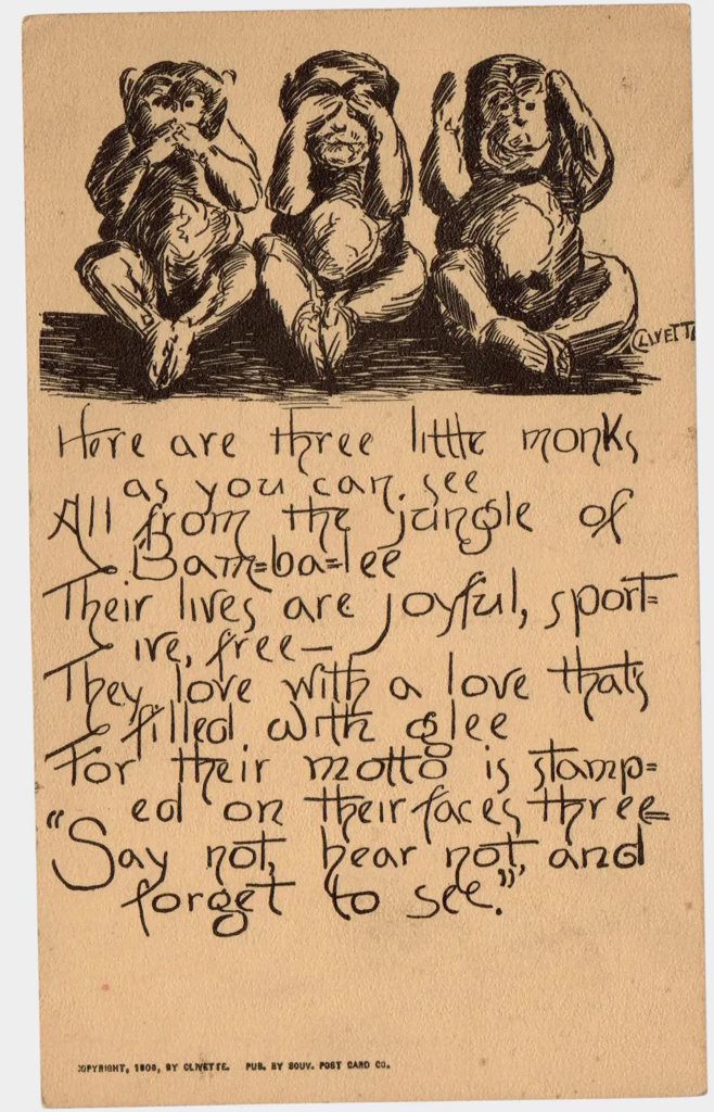 Открытка с тремя обезьянами, Clivette, 1908 г.