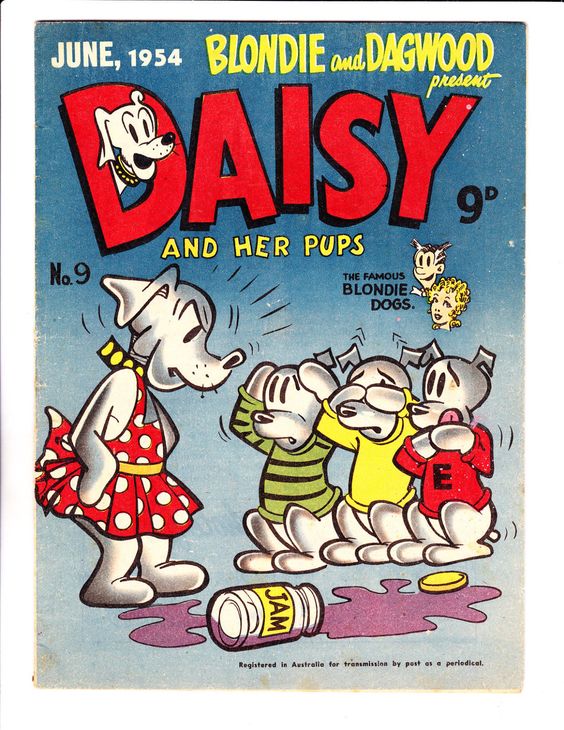 Обложка комикса «Дэйзи и ее щенки» за июнь 1954 г. (№9). Щенки в позах трех обезьян