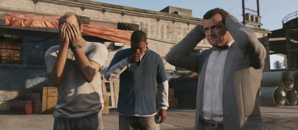Главные герои игры Grand Theft Auto V в позах трех обезьян