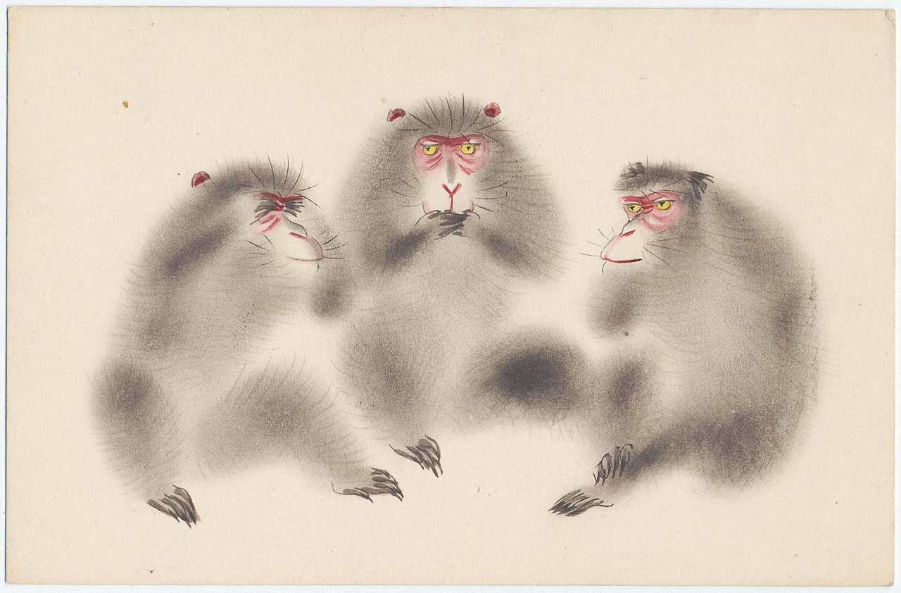 Открытка с изображением трех обезьян, Япония