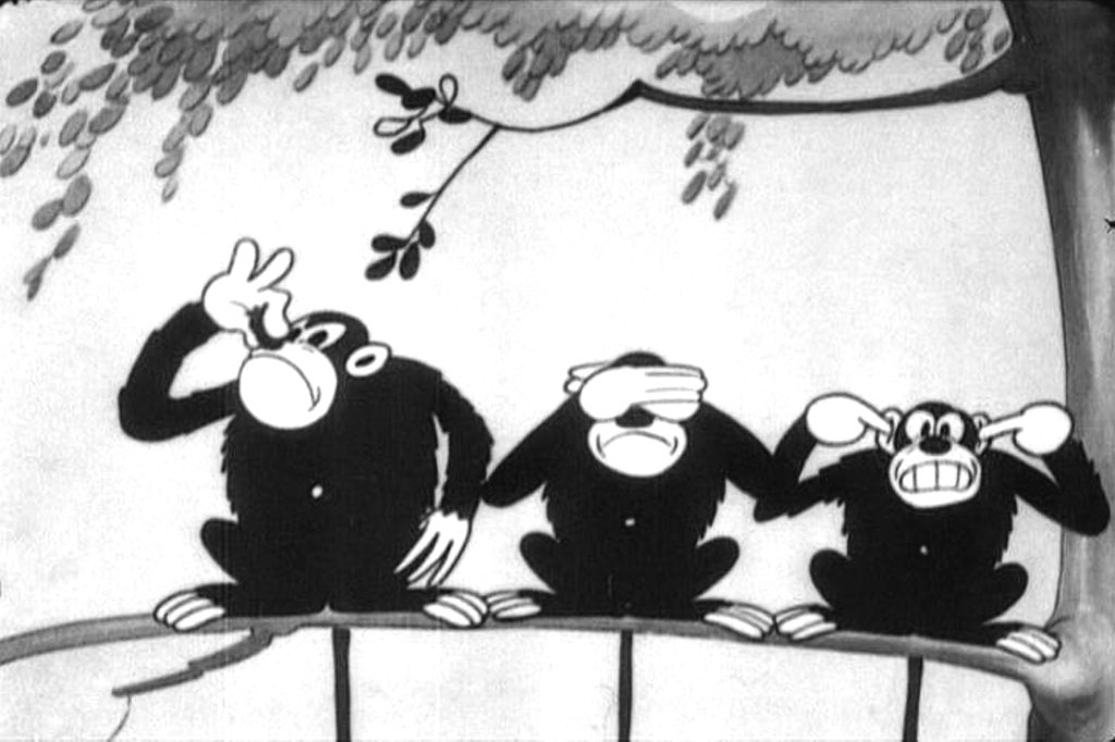 Кадр из мультфильма «Ритм джунглей». Три обезьяны, закрывающие уши, глаза и нос