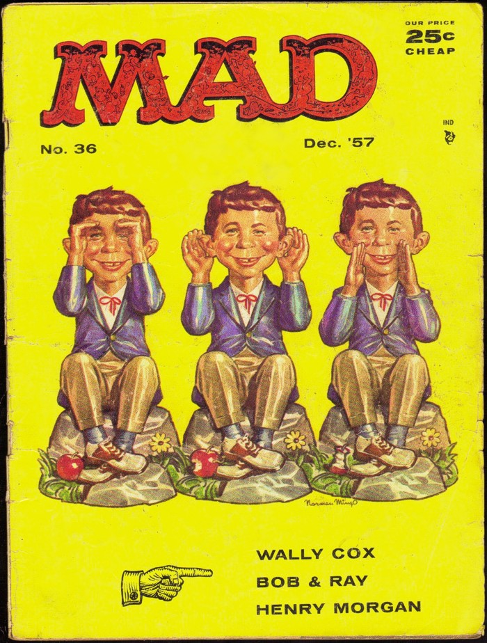 Обложка журнала Mad за декабрь 1957 г. (№36). Альфред Ньюман в позах трех обезьян наоборот