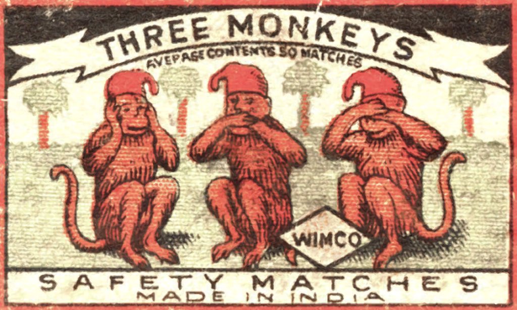 Спичечная этикетка с тремя обезьянами. WIMCO, Индия