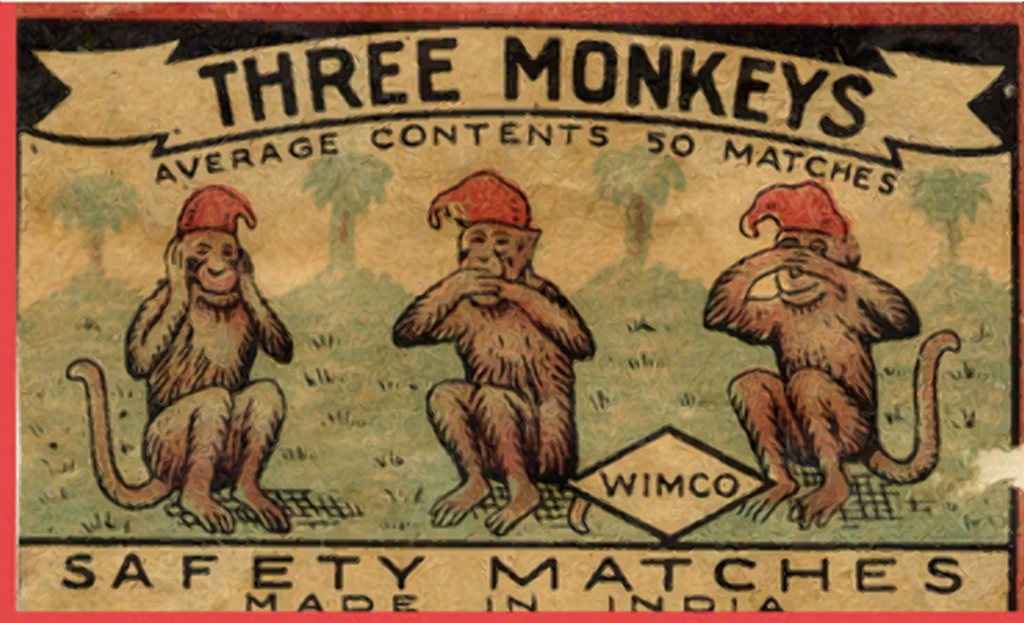 Спичечная этикетка с тремя обезьянами. WIMCO, Индия