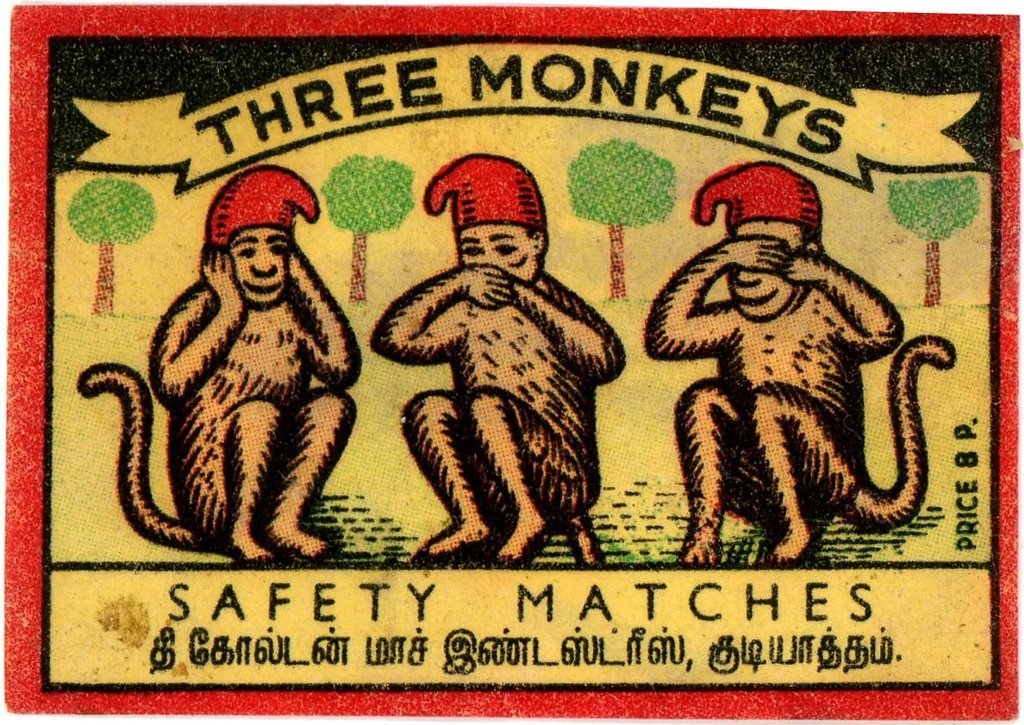 Спичечная этикетка с тремя обезьянами, Южная Индия