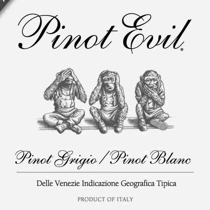 Изображение трех обезьян на коробке вина пино-гриджо Pinot Evil