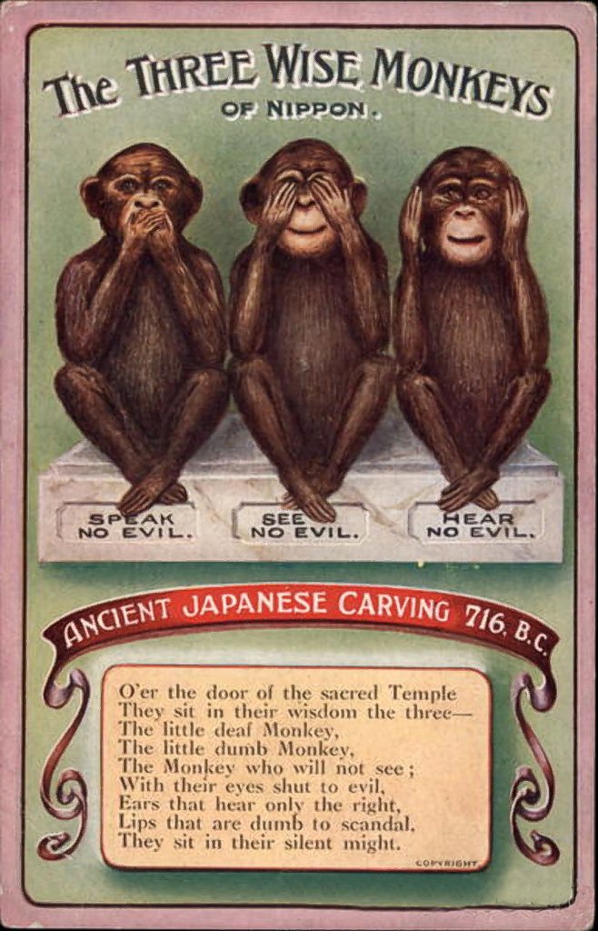 Открытка с тремя обезьянами и стихами Полины Буве