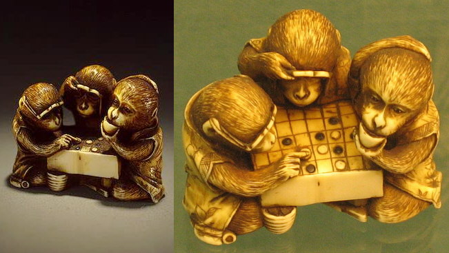Синкэйсай Масатоси. Три обезьяны за игрой. Слоновая кость. Япония, Сер. — 2-я пол. XIX в.