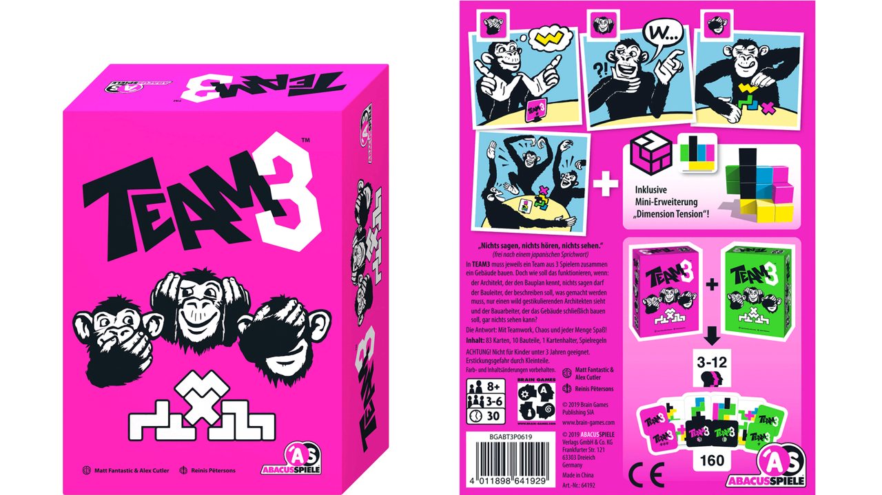 Упаковка игры TEAM3 от ABACUSSPIELE и правила на ее обратной стороне