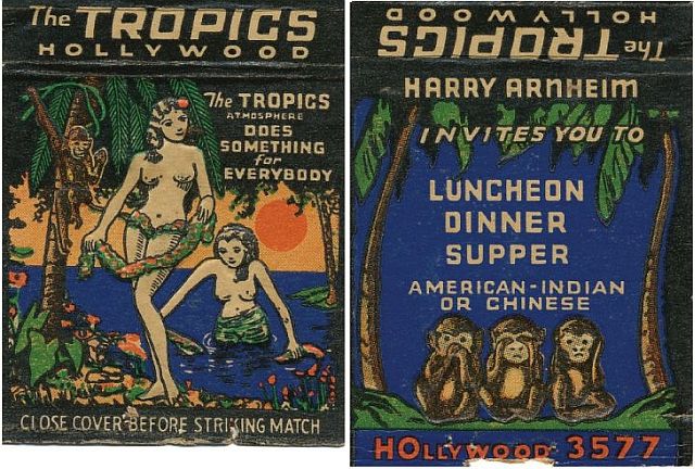 Лицевая и оборотная стороны упаковки спичек с рекламой ресторана «Tropics»