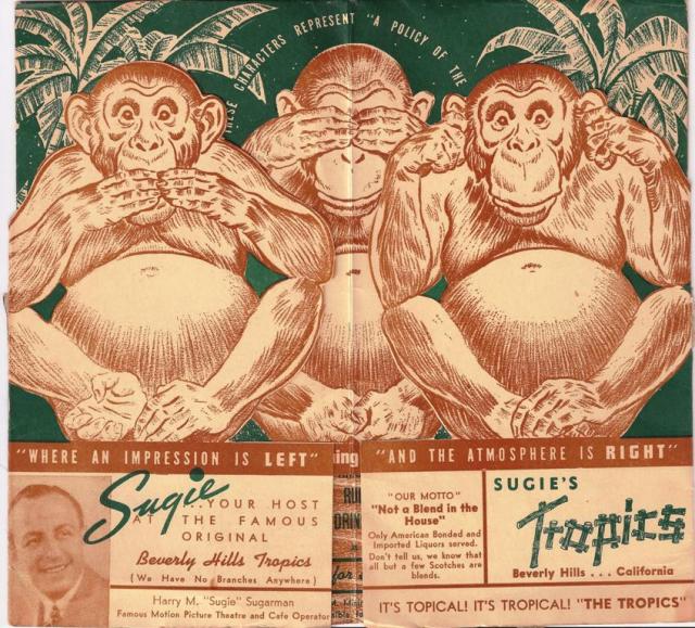 Обложка меню ресторана «Tropics» с тремя обезьянами